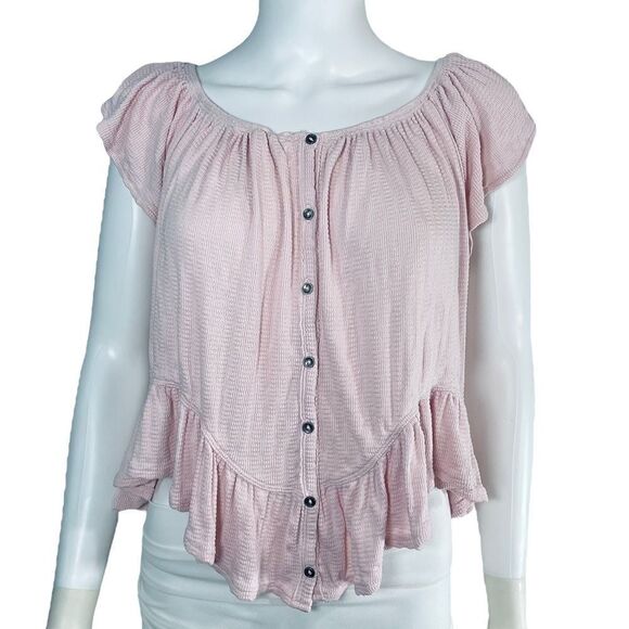 We The Free Ruffle Short Sleeve Baby Pink Blouse Medium Coquette - Picture 7 of 7